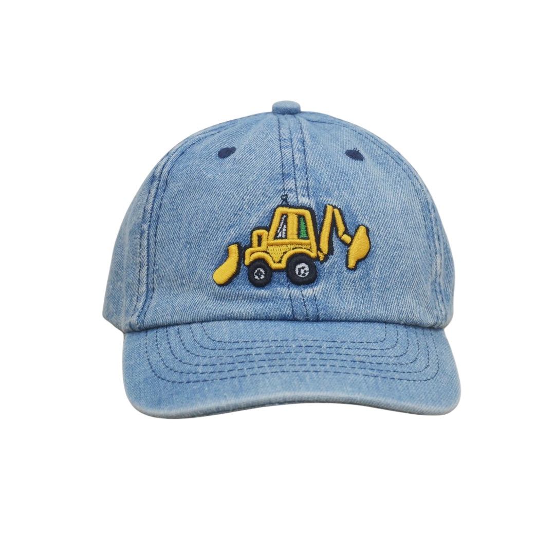 Dark gray tractor hat made of durable denim material for comfort and protection.