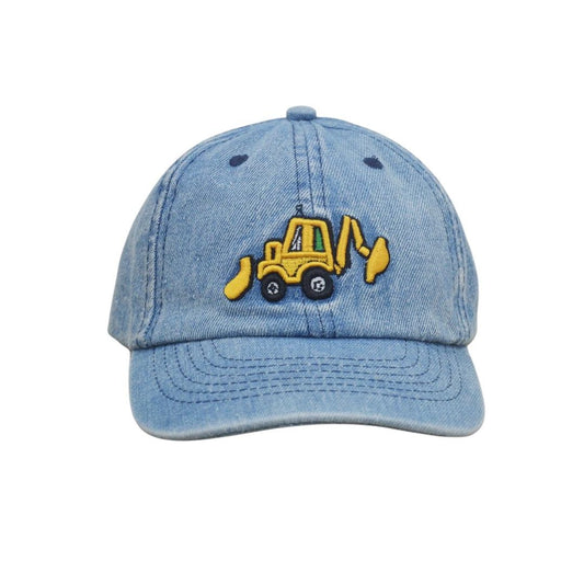 Dark gray tractor hat made of durable denim material for comfort and protection.