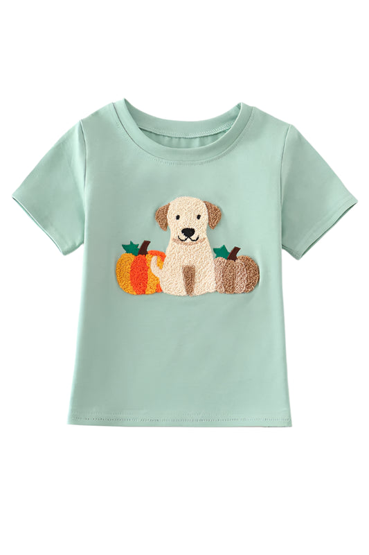 Green dog pumpkin french knot boy top
