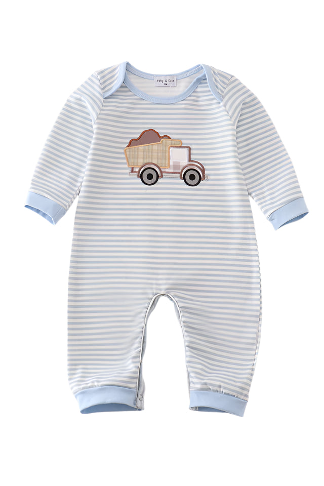 Blue stripe dump car applique boy romper