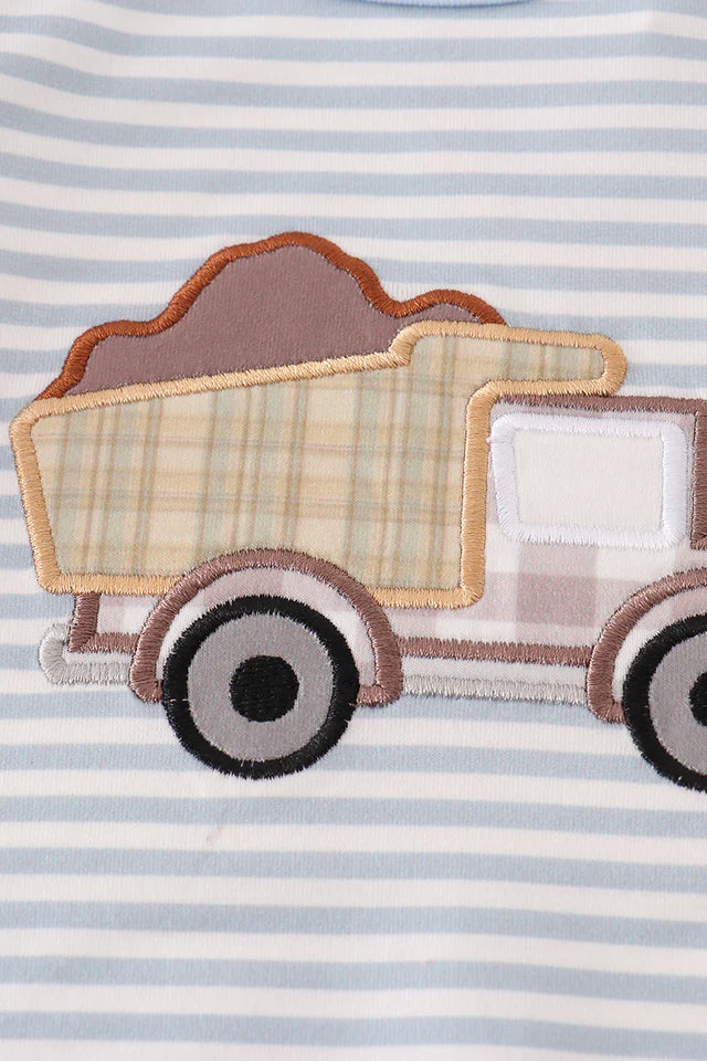 Blue stripe dump car applique boy romper