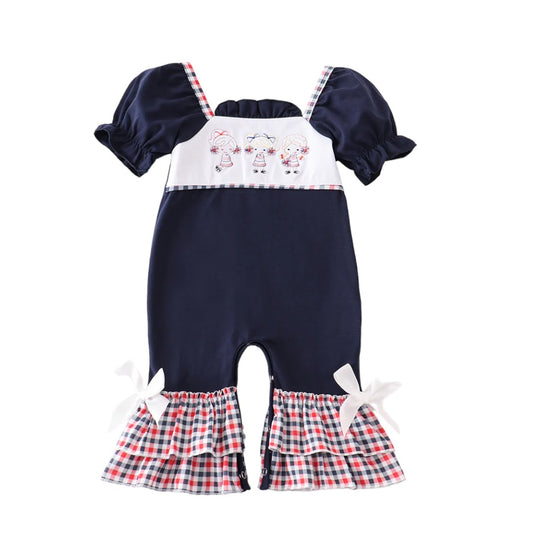 Navy Cheerleader Embroidery Girl Romper