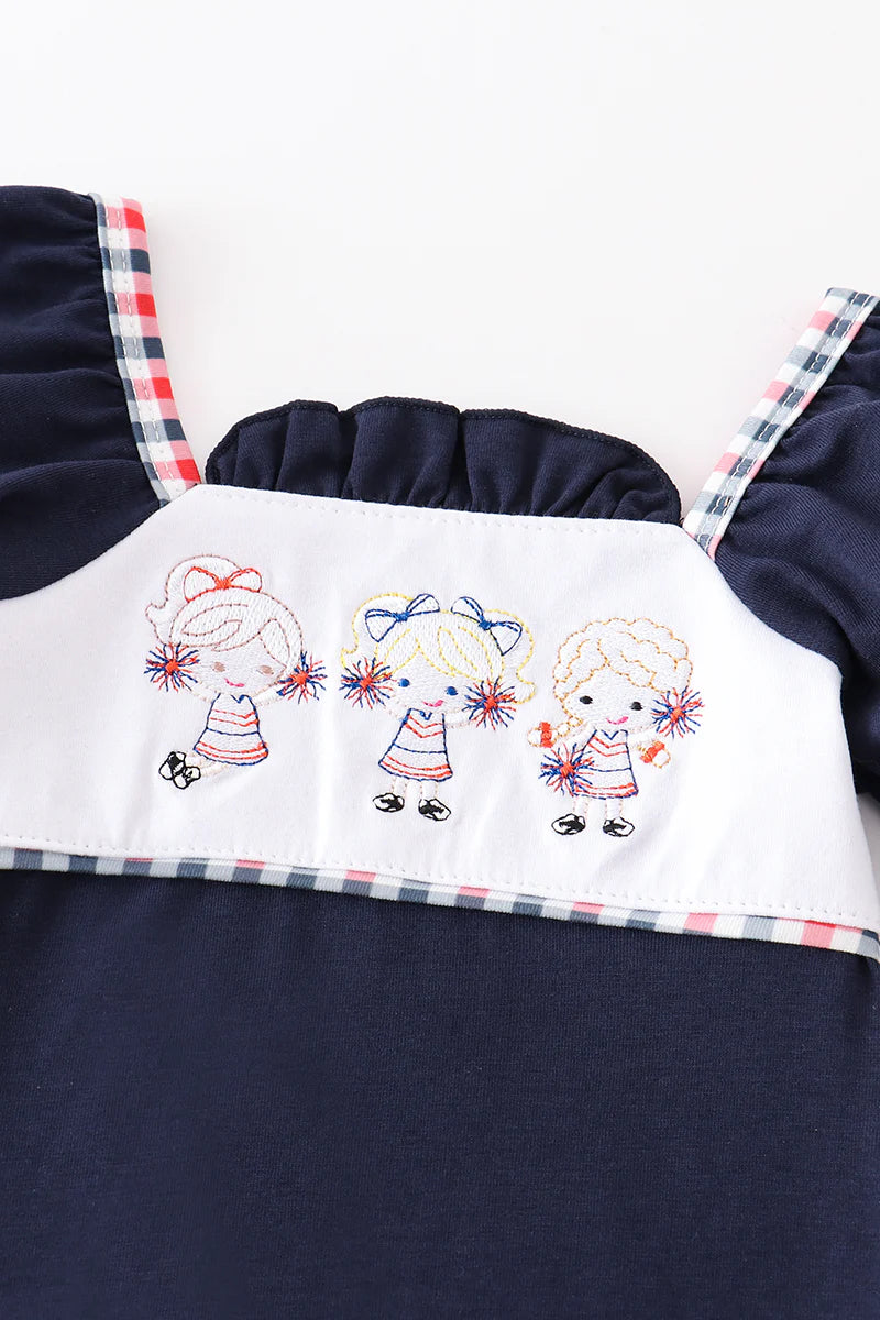 Navy Cheerleader Embroidery Girl Romper
