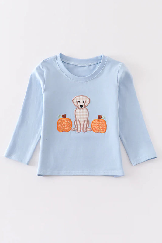 Blue dog pumpkin applique boy top