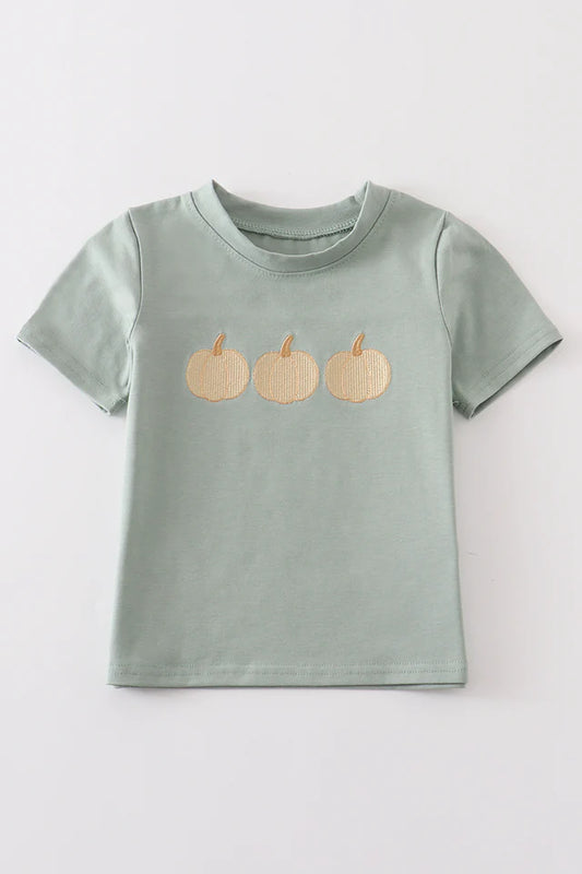 Green Embroidered Boys Pumpkin Shirt