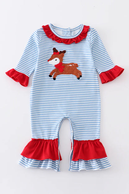 Blue and White Striped Deer French Knot Girl Romper