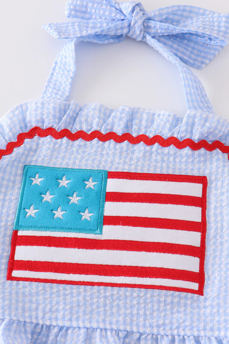 Seersucker patriotic flag applique 2pc girl swimsuit