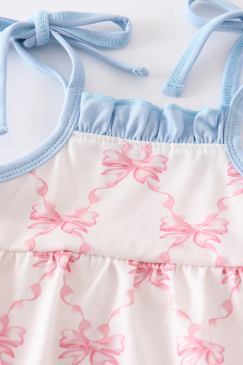Pink Bow Print bubble with Tie Shoulders
