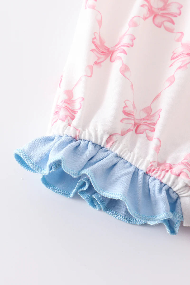 Pink Bow Print bubble with Tie Shoulders