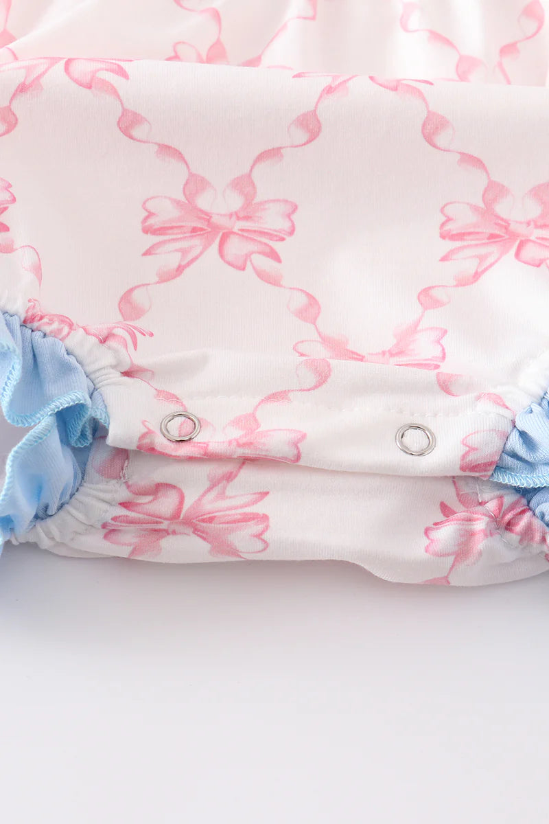 Pink Bow Print bubble with Tie Shoulders
