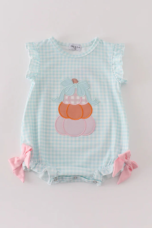 Blue pumpkin applique plaid girl bubble with bows