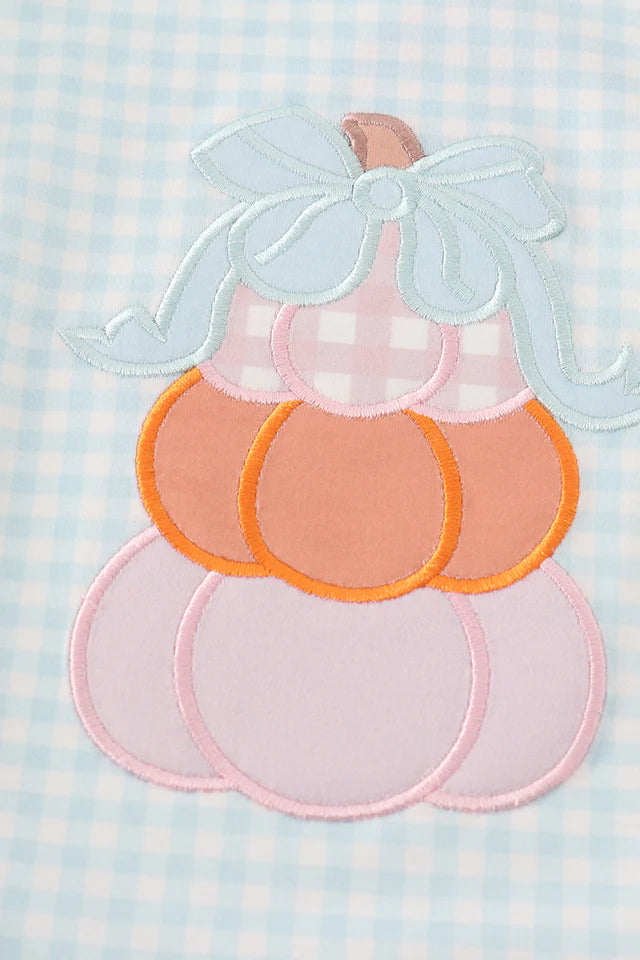 Blue pumpkin applique plaid girl bubble with bows