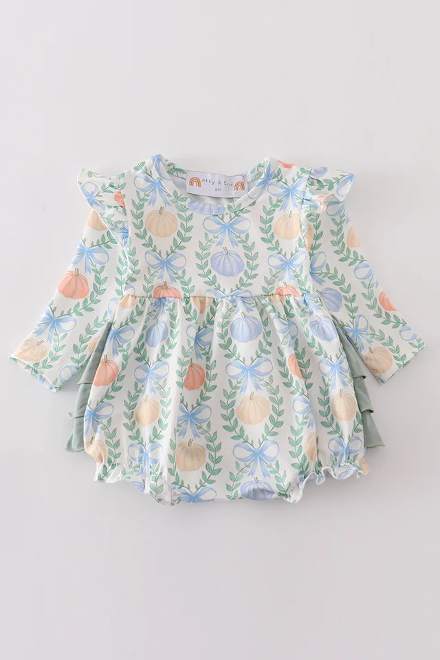 Green pumpkin bow print ruffle girl bubble