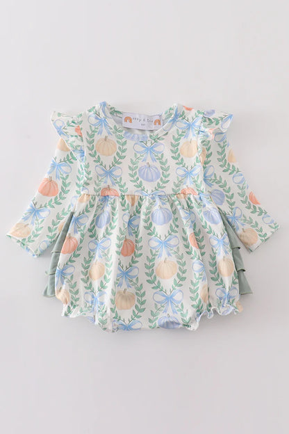 Green pumpkin bow print ruffle girl bubble