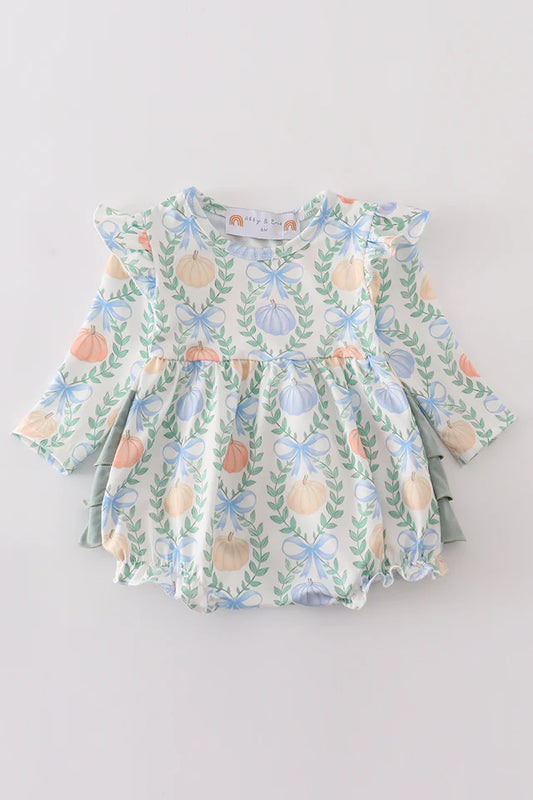 Green pumpkin bow print ruffle girl bubble