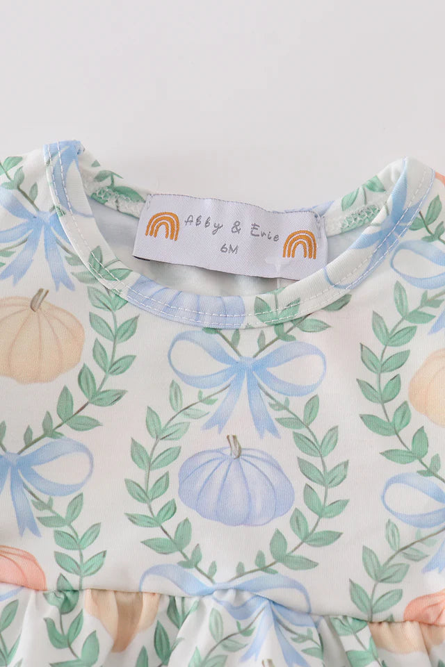 Green pumpkin bow print ruffle girl bubble