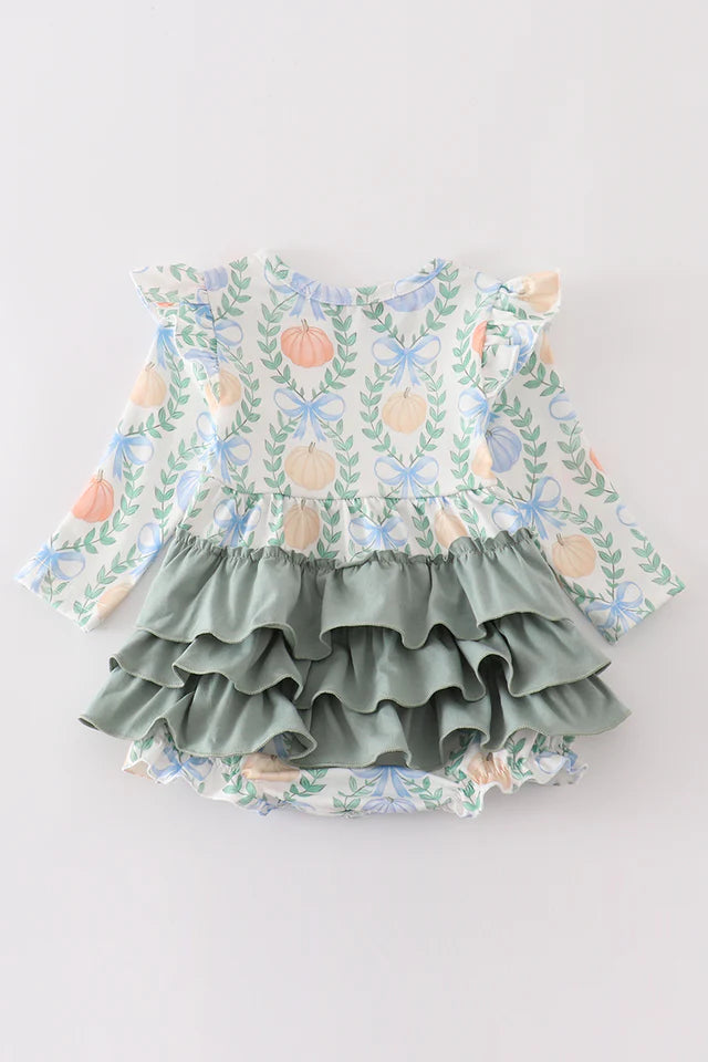 Green pumpkin bow print ruffle girl bubble