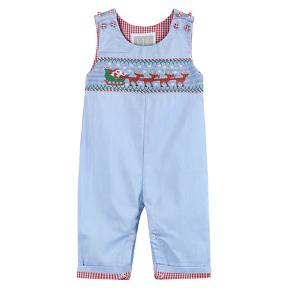 Light Blue Smocked Santa and Sleigh Overalls