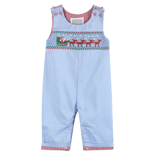 Light Blue Smocked Santa and Sleigh Overalls