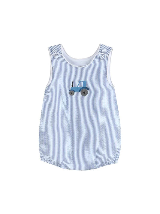 Dark Blue Tractor Seersucker Bubble Romper