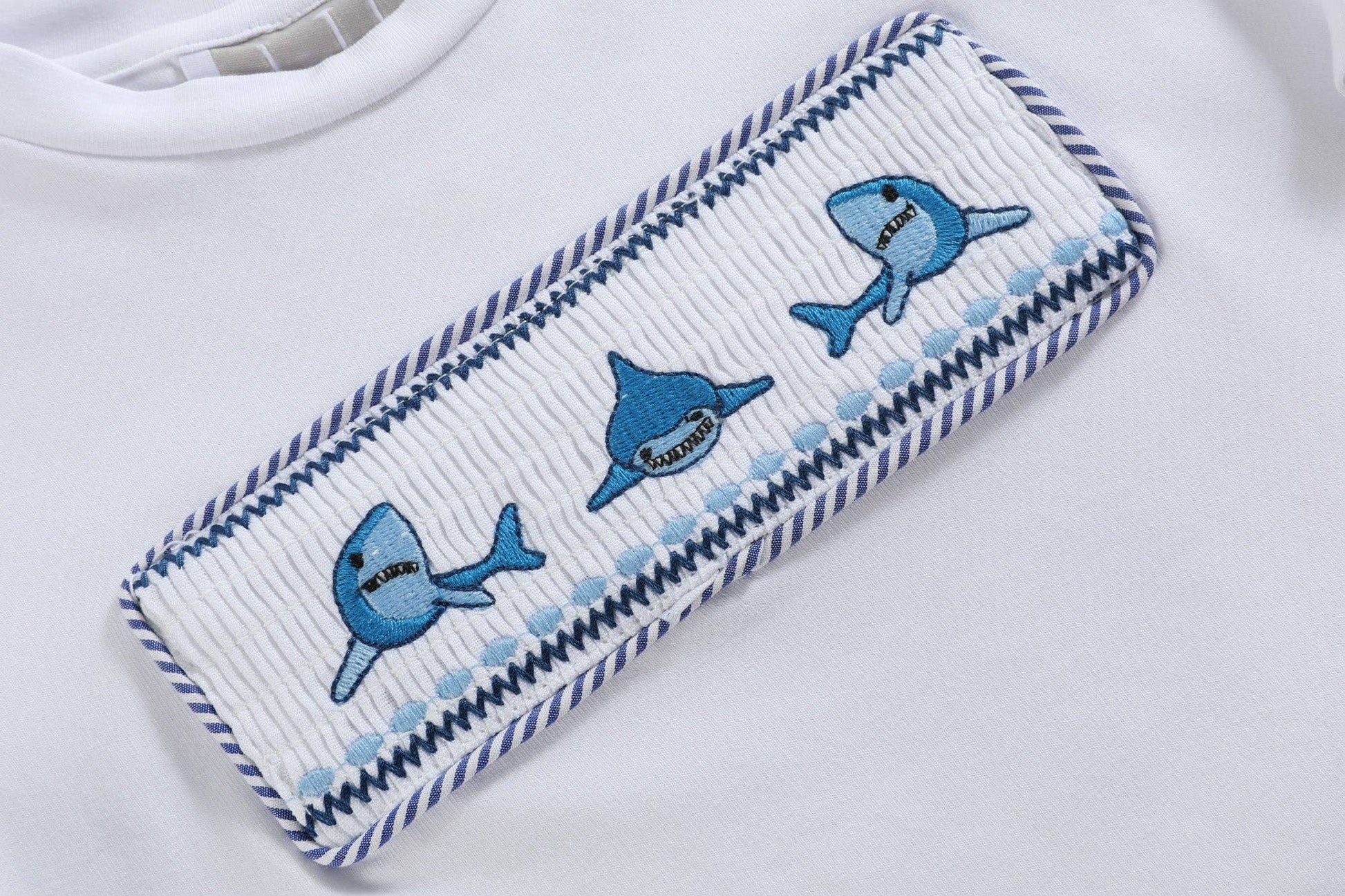 White Shark Smocked Tee and Navy Stripe Shorts Set Media 1 of 6