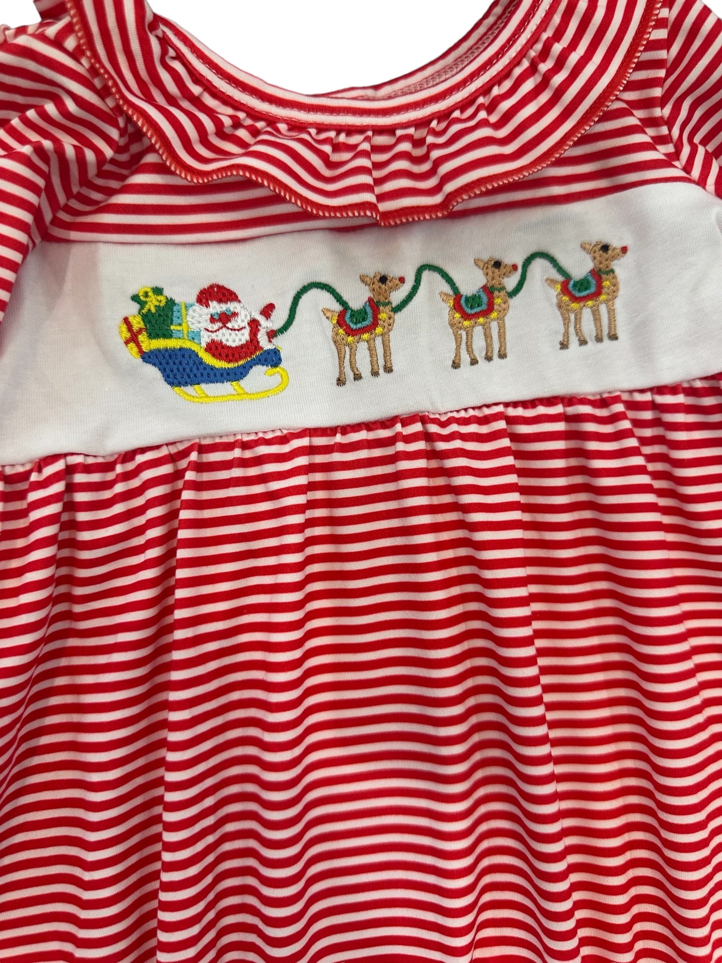 Red Stripe Santa and Reindeer Embroidered Dress