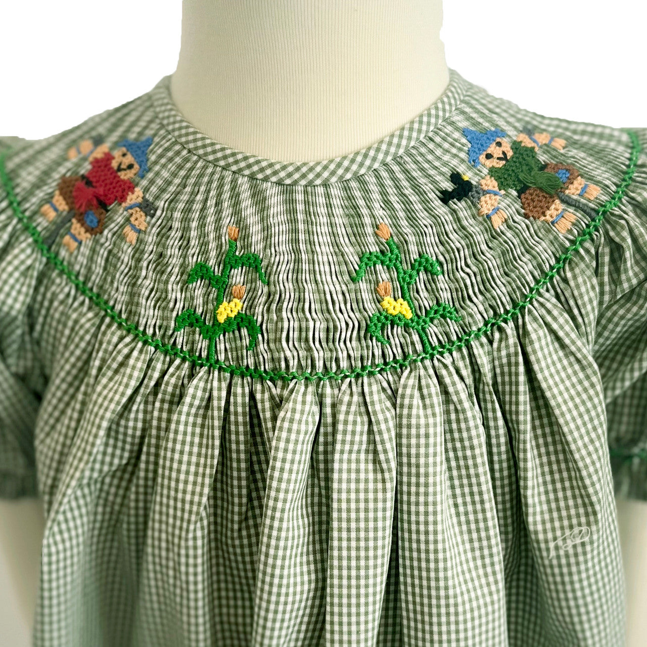 Scarecrow Smocked Bishop Dress- Green Gingham