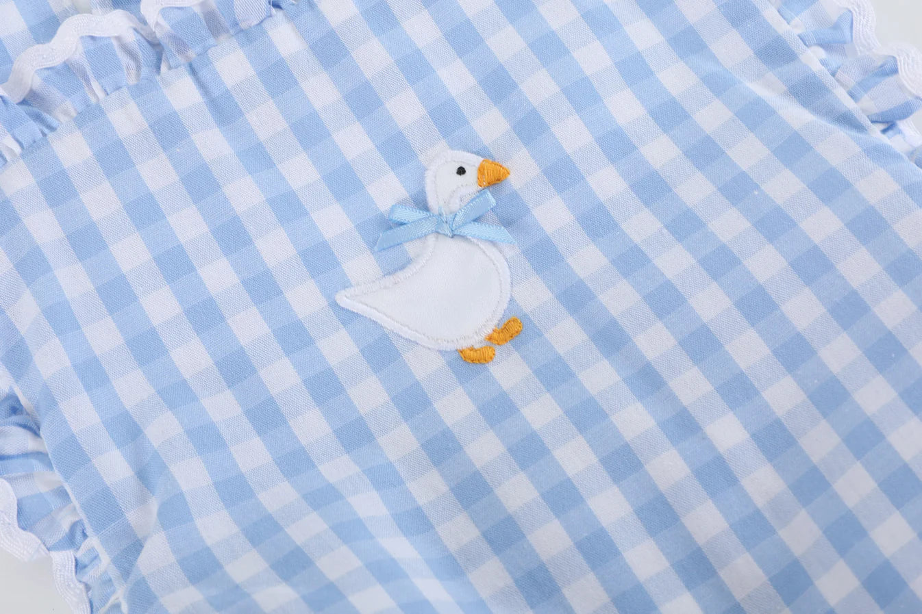 Blue Gingham Goose Lace Bow Ruffle Romper