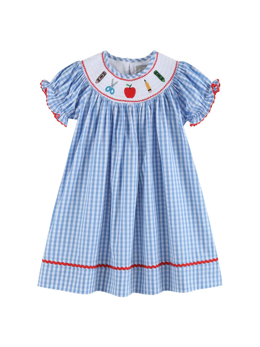 Blue Gingham School Supplies Smocked Bishop