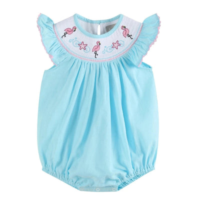 Light Blue Flamingo Smocked Flutter Romper