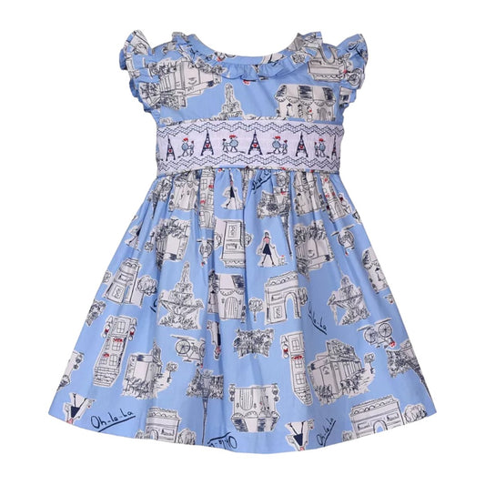 Ruffled Paris-Print Poplin Dress
