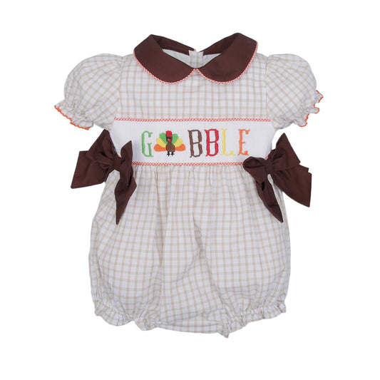 Hand Smocked Gobble Turkey Bubble with Bows