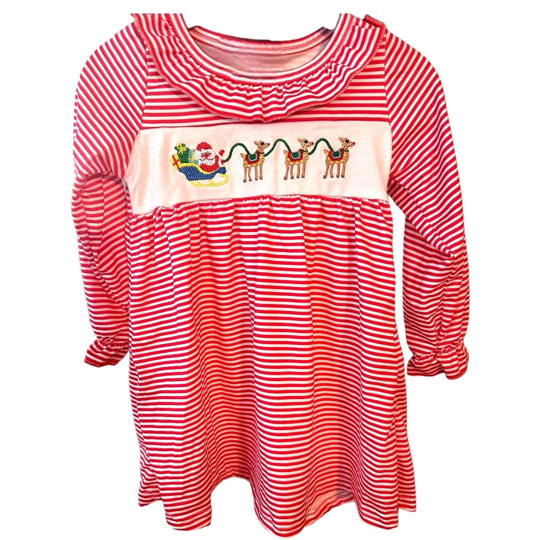 Red Stripe Santa and Reindeer Embroidered Dress