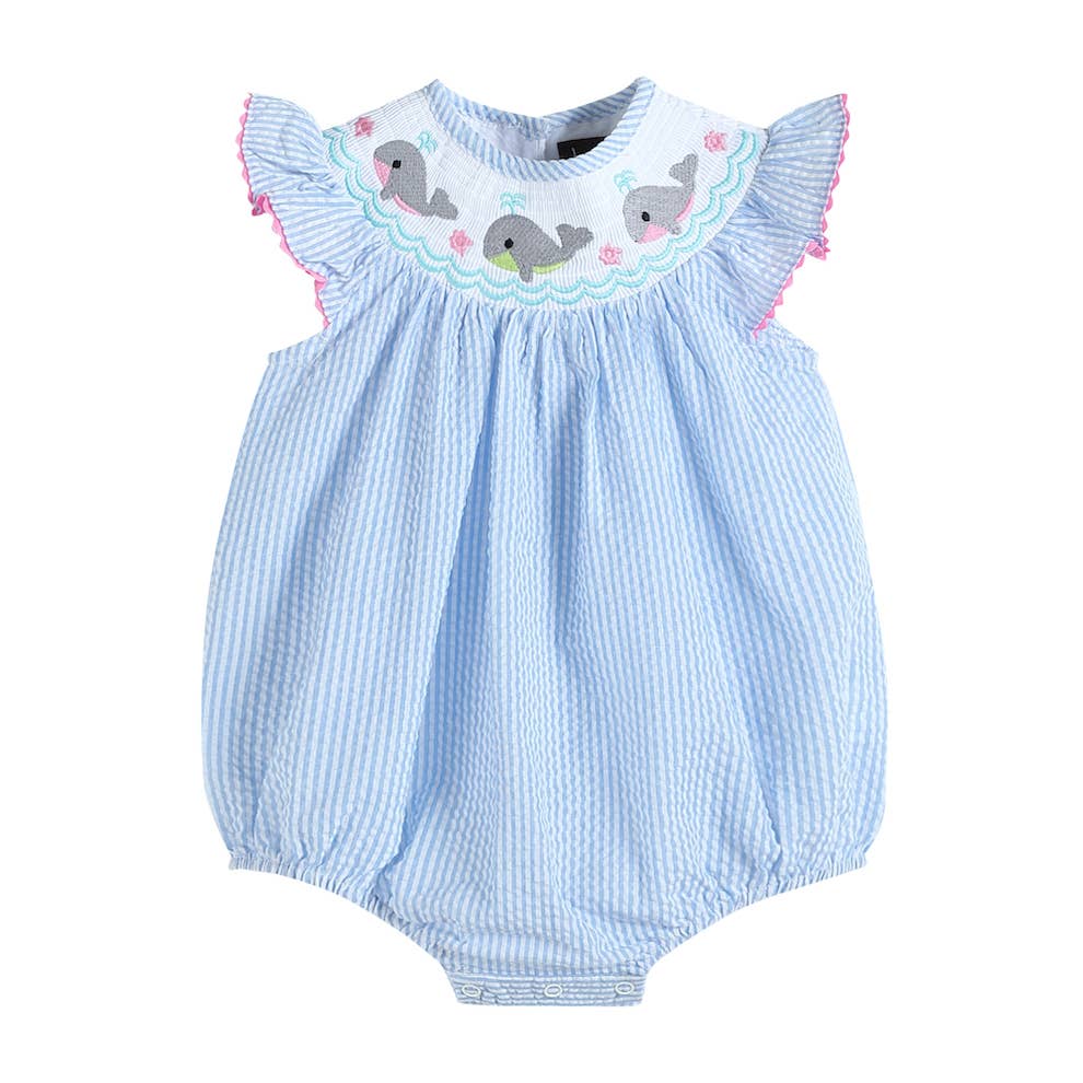 Blue Stripe Smocked Whale Romper