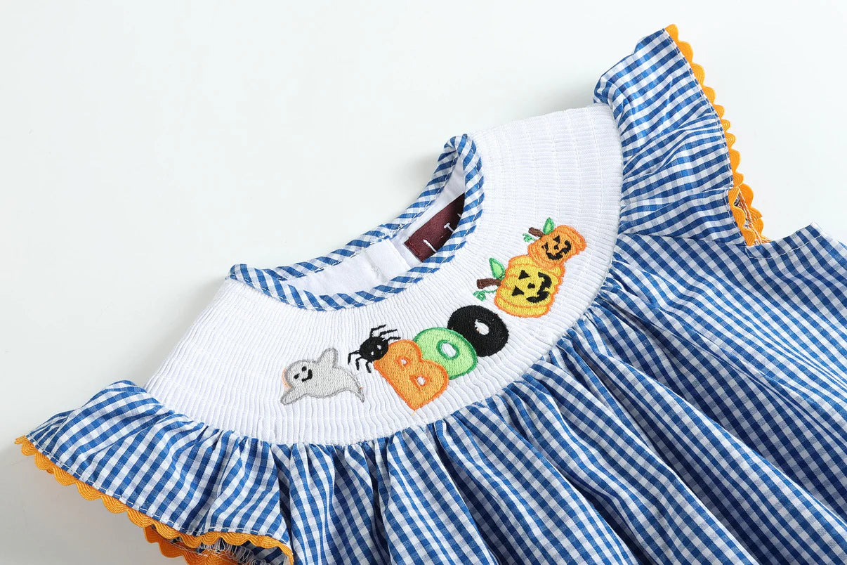 Blue 'Boo' Gingham Smocked Top and Bloomers Set