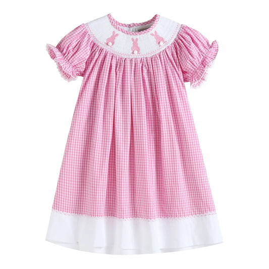 Pink Gingham Easter Bunny Smocked Bishop Dress