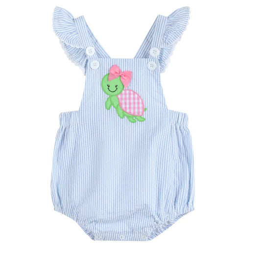 Light Blue Seersucker Turtle Ruffle Romper