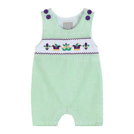 Green and Purple Mardi Gras Smocked Shortalls