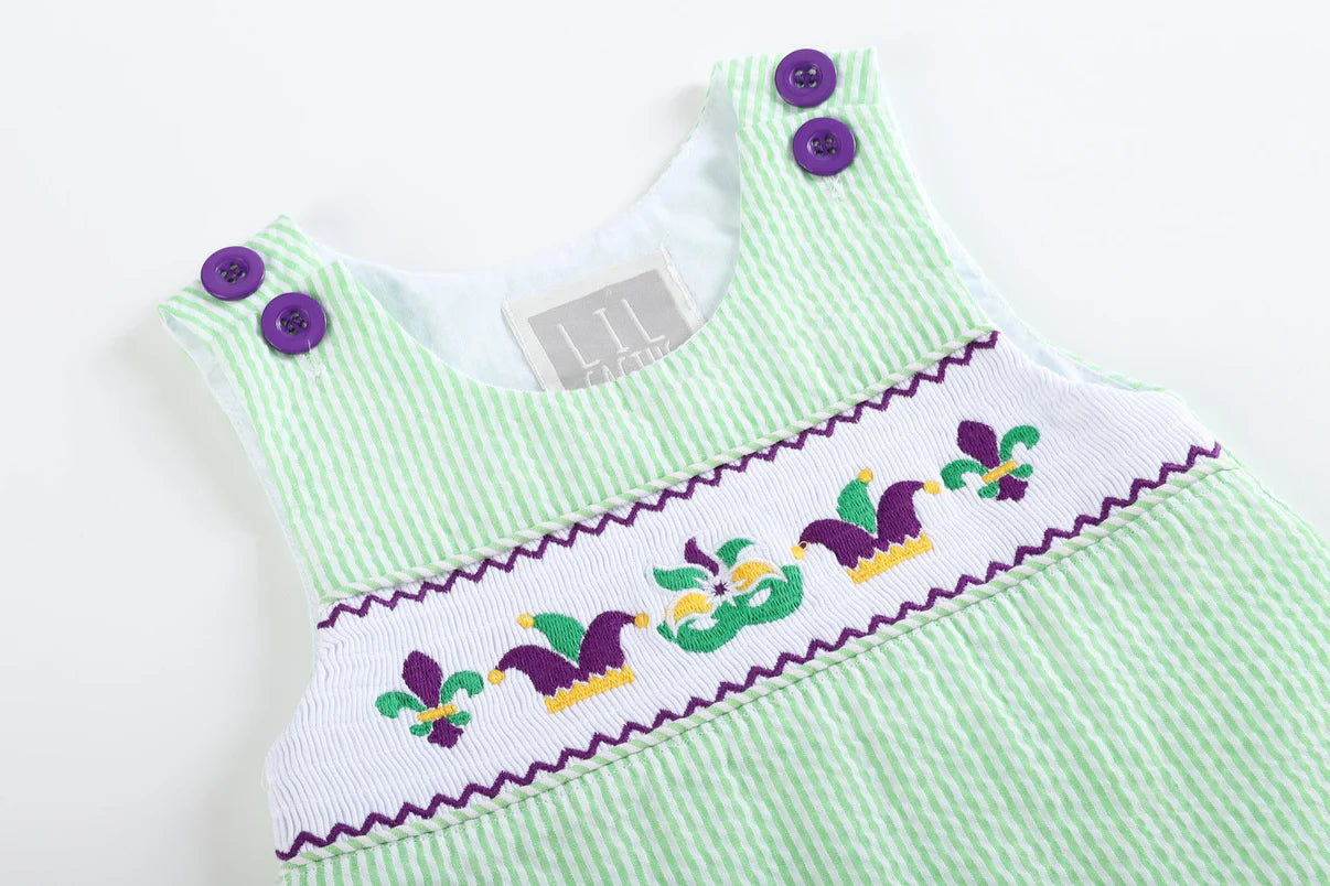 Green and Purple Mardi Gras Smocked Shortalls