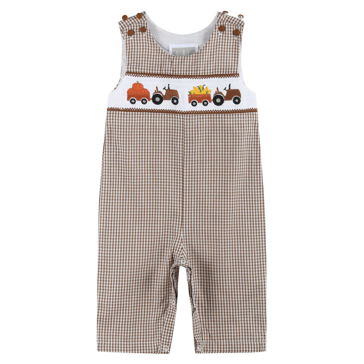 Brown Gingham Pumpkin and Corn Tractor Smocked Overalls