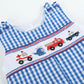 Dark Blue Gingham Emergency Vehicle Smocked Overalls