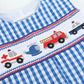 Dark Blue Gingham Emergency Vehicle Smocked Overalls