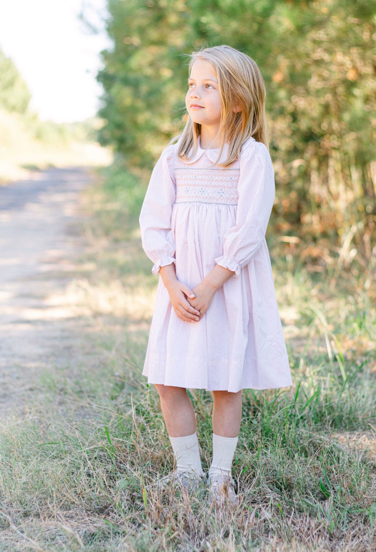 Long Sleeve Khaki with Blue Smocking Dress