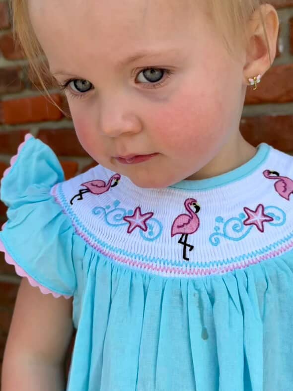 Light blue romper with flamingo embroidery and flutter sleeves on toddler.