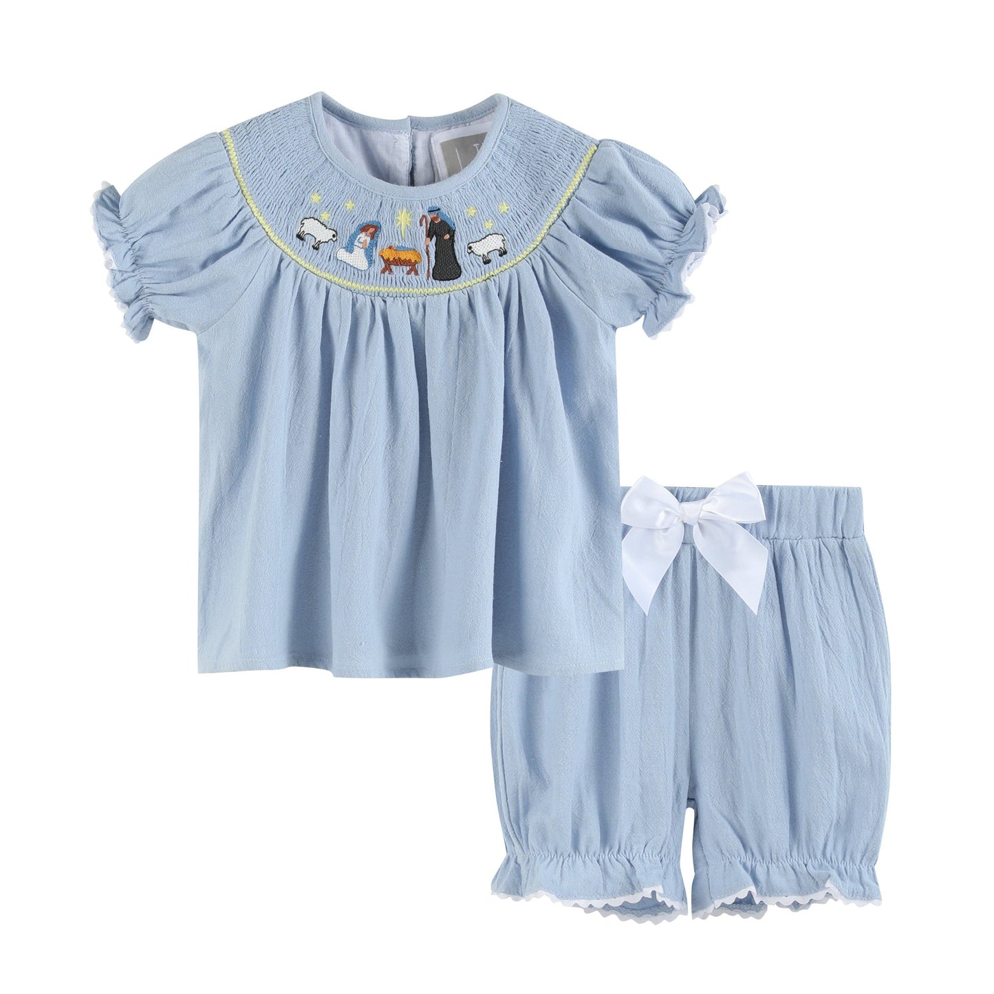 Light Blue Nativity Smocked Dress and Bloomers Set – POPPIBLUE Light Blue Nativity Smocked Dress and Bloomers Set – POPPIBLUE