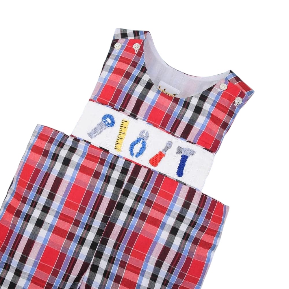 Adorable Hand smocked tools boy shortall