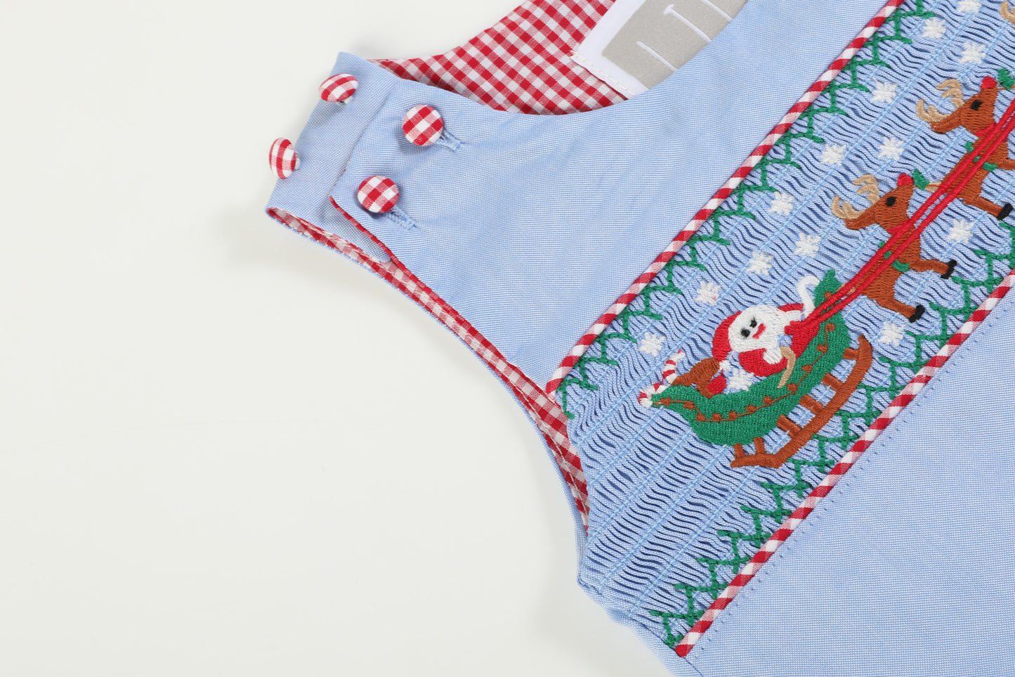 Light Blue Smocked Santa and Sleigh Overalls