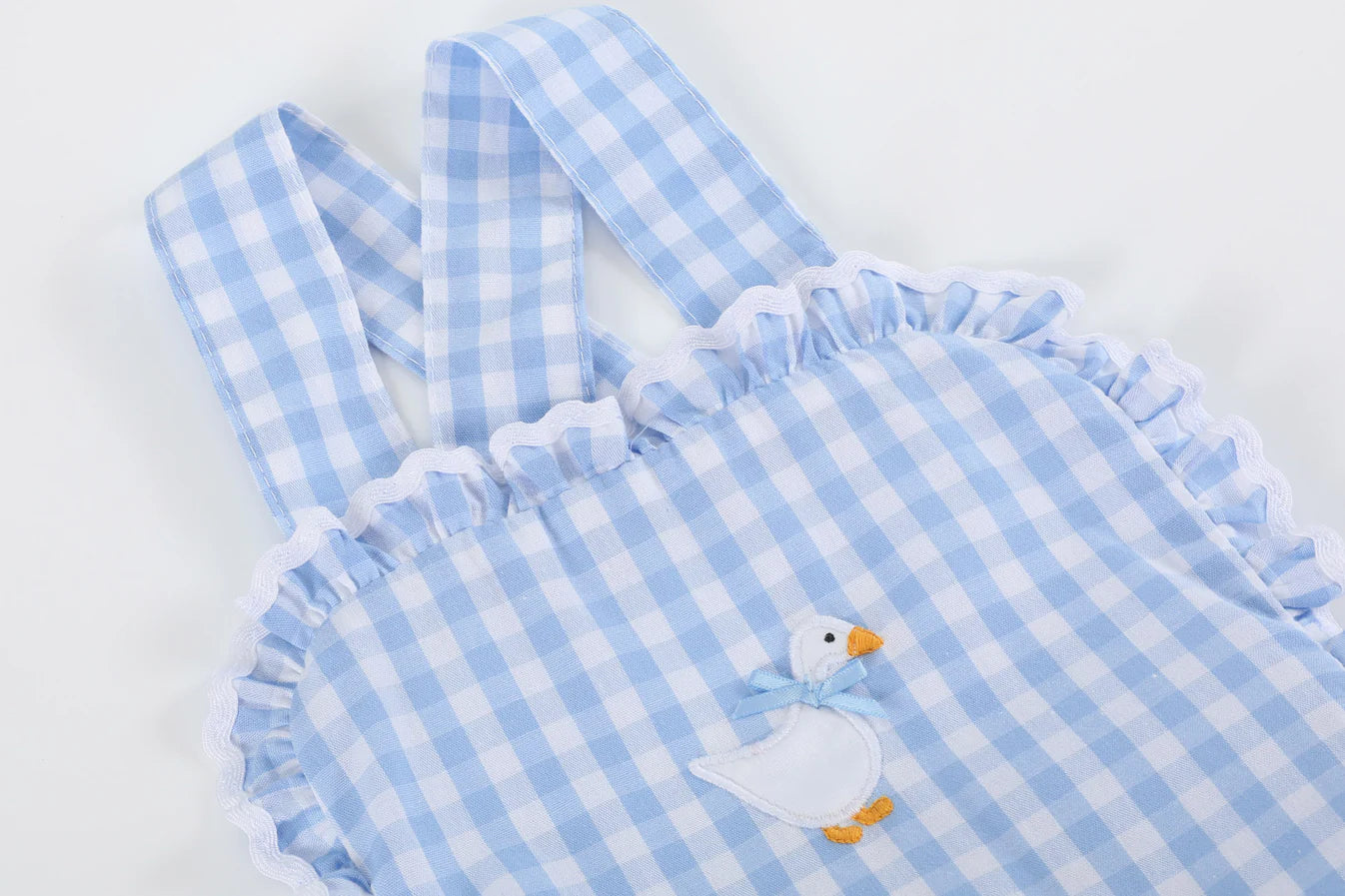 Blue Gingham Goose Lace Bow Ruffle Romper