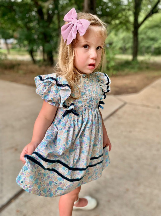 Pretty Floral Dress With Velvet bow accents and trim