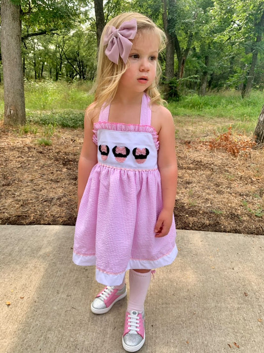 Pink character French knot seersucker dress with back bow